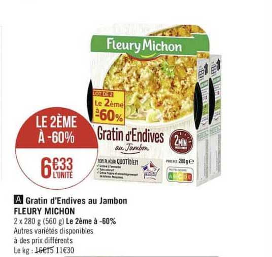 gratin d'endives au jambon fleury michon le 2ème à -60%