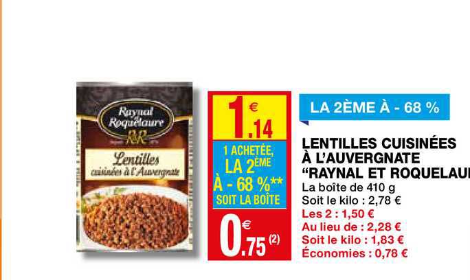 Lentilles Cuisinées à L'aubergnate "raynal Et Roquelaure" Le 2ème à -68%