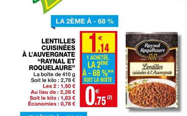 lentilles cuisinées à l'auvergnate "raynal et roquelaure" le 2ème à -68%