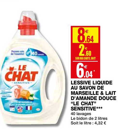 lessive liquide au savon de marseille & lait d'amande douce "le chat sensitive"