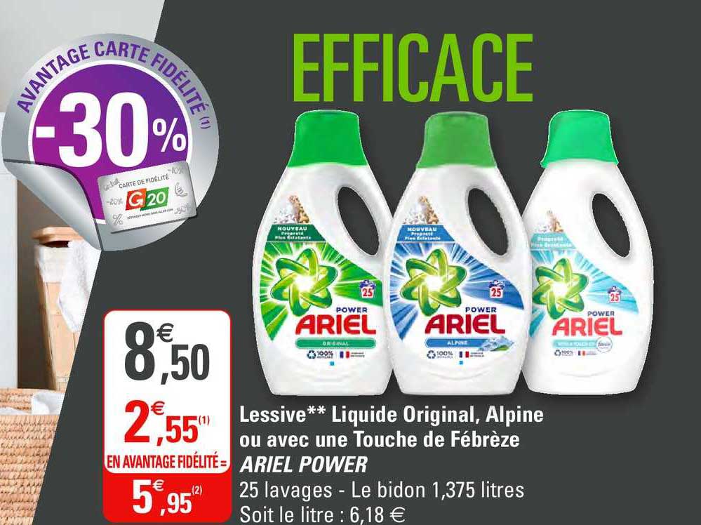 lessive liquide original, alpine ou avec une touche de fébrèze ariel power