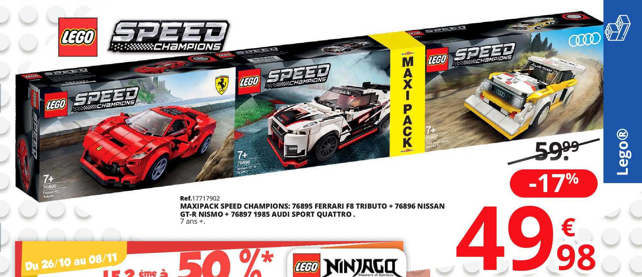 maxipack speed champions: 76895 ferrari f8 tributo + 76896 nissan gt r nismo + 76897 1985 audi sport quattro lego speed champions