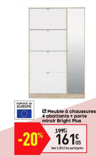 meuble à chaussures 4 abbattants + porte miroir bright plus