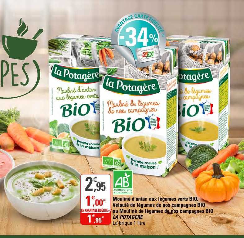 mouliné d'antan aux légumes verts bio, velouté de légumes de nos campagnes bio ou mouliné de légumes de nos campagnes bio la potagère