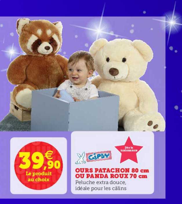 ours patachon 80 cm ou panda roux 70 cm gipsy