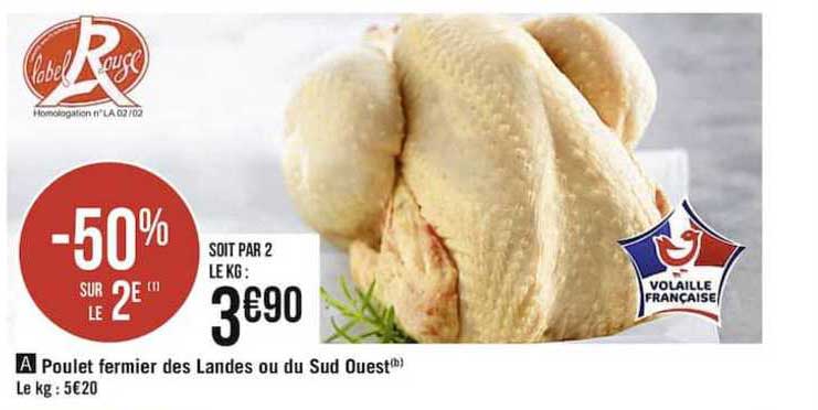 poulet fermier des landes ou du sud ouest -50% sur le 2e