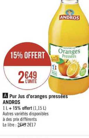pus jus d'oranges pressées andros 15% offert