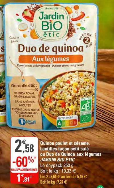 quinoa poulet et sésame,lentille façon petit salé ou duo de quinoa aux légumes jardin bio étic