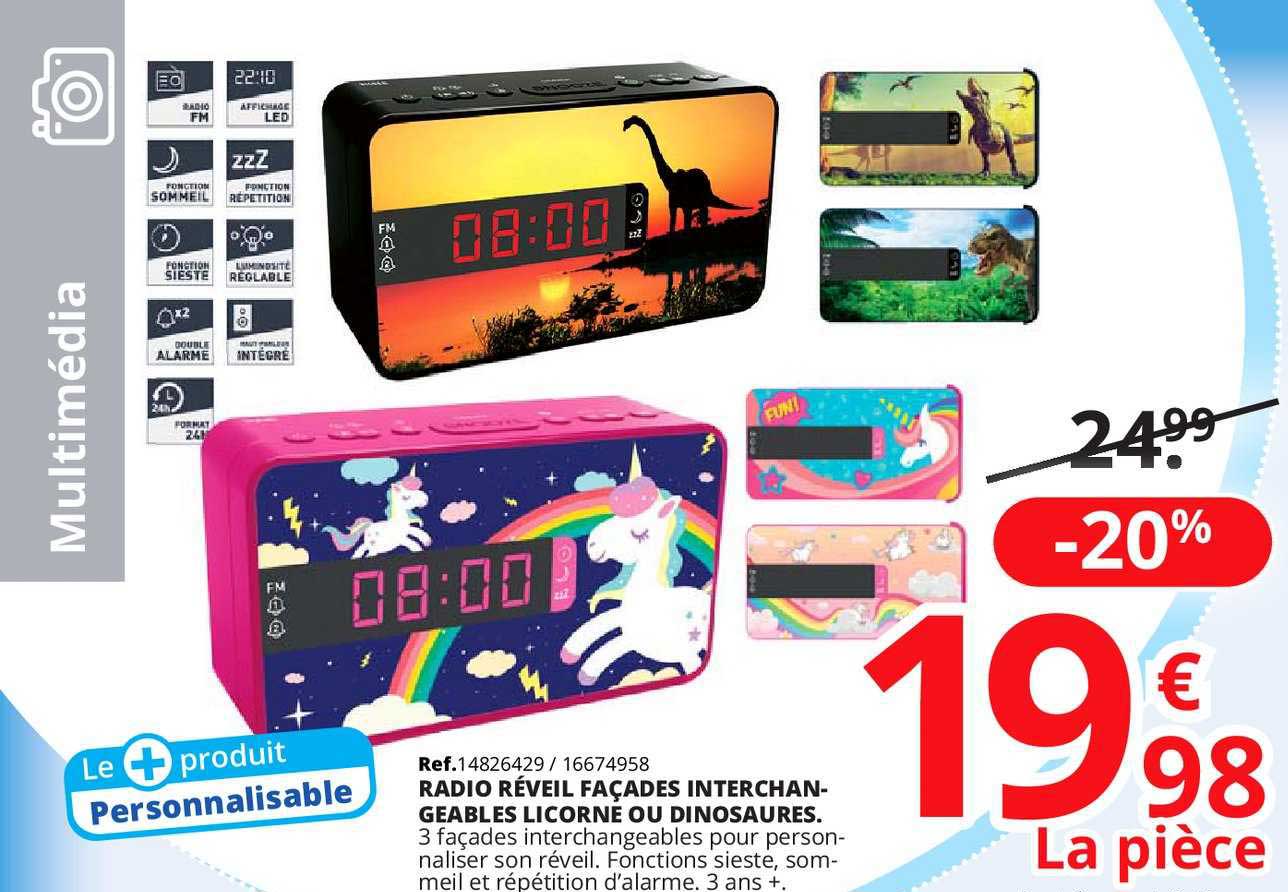 radio réveil façades interchangeables licorne ou dinosaures