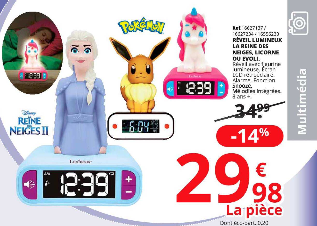 réveil lumineux la reine des neiges, licorne ou evoli