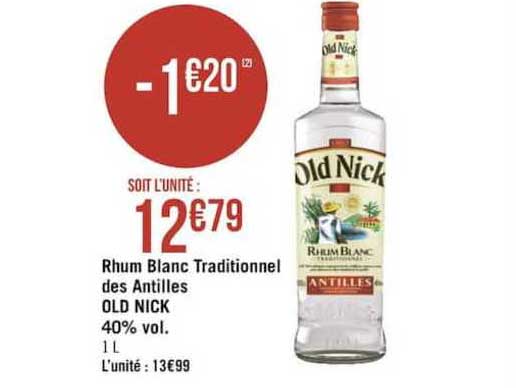rhum blanc traditionnel des antilles old nick 40% vol.