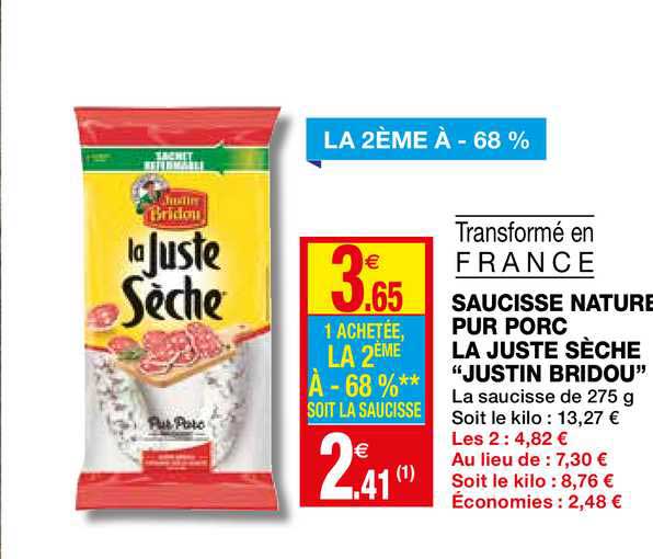 saucisse nature pur porc la juste sèche "justin bridou" la 2ème à -50%