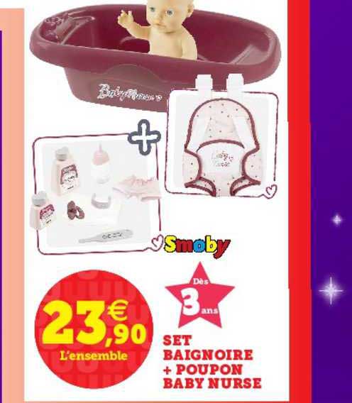 set baignoire + poupon baby nurse smoby