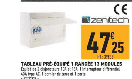 tableau pré équipé 1 rangée 13 modules zenitech