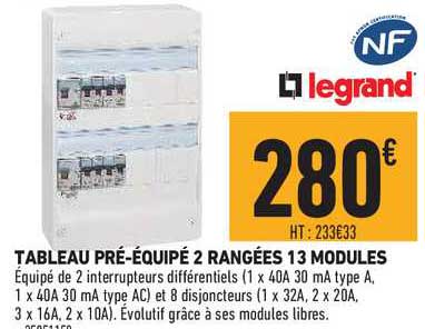 tableau pré équipé 2 rangées 13 modules legrand