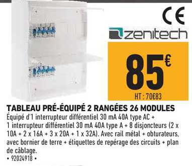 tableau pré équipé 2 rangées 26 modules zenitech