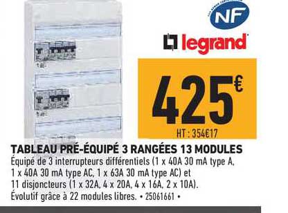 tableau pré équipé 3 rangées 13 modules legrand