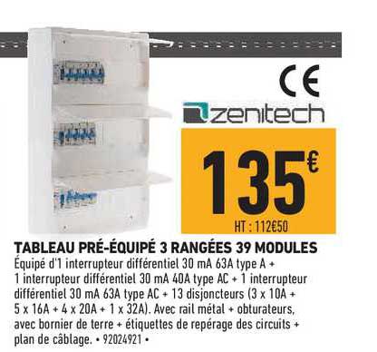 tableau pré équipé 3 rangées 39 modules zenitech