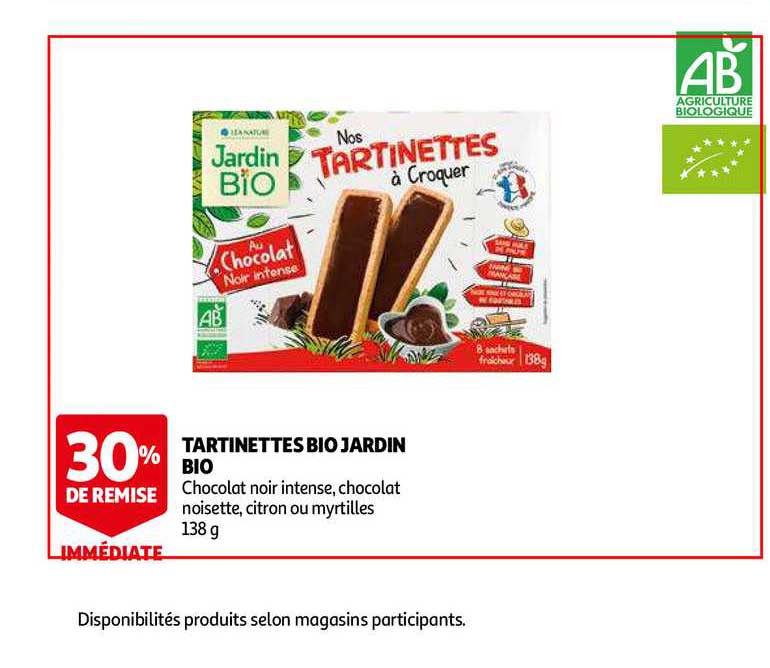 tartinettes bio jardin bio 30% remise immédiate