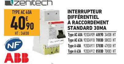 zenitech interrupteur différentiel à raccordement standard 30ma