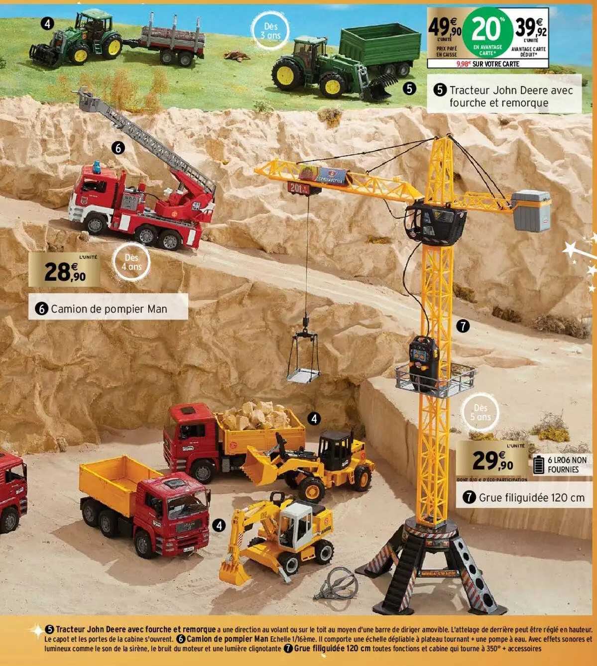 camion de pompier man, tracteur john deere avec fourche et remorque, grue filiguidée 120 cm