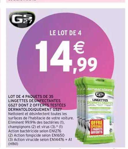 lot de 4 paquets de 35 lingettes désinfectantes gs27 dont 2 offerts testées dermatologiquement gs27