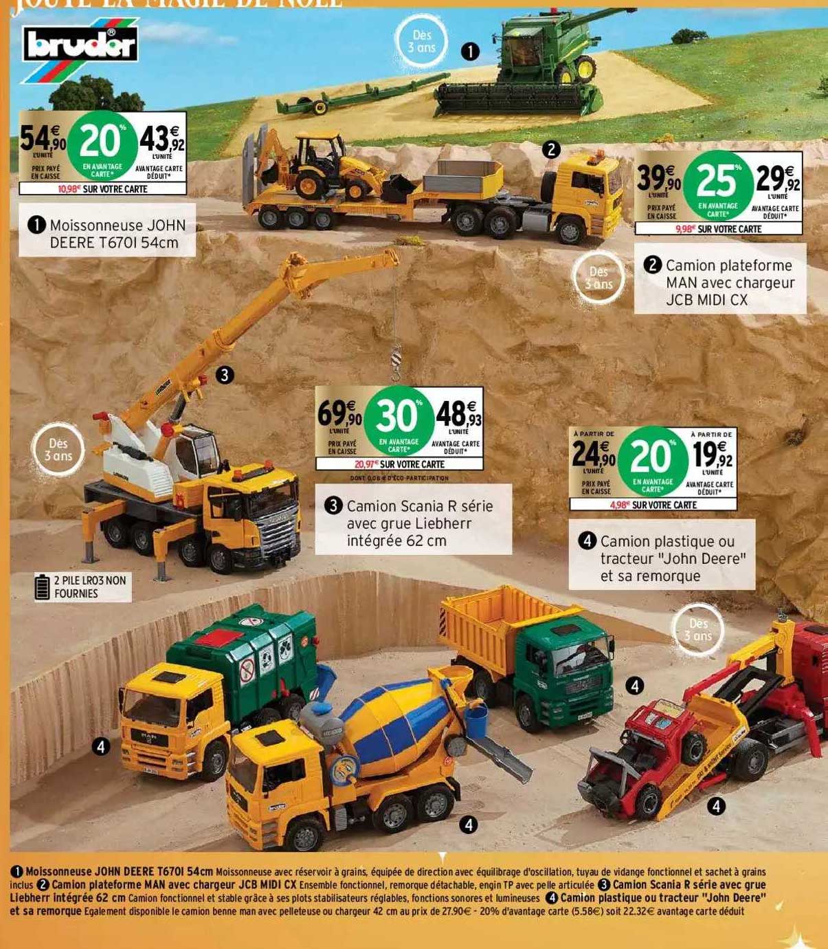 moissonneuse john dere, camion plateforme man avec chargeur jcb midi cx, camion scania r série avec grue liebherre intégrée 62 cm, camion plastique ou tracteur "john deer" et sa  remorque