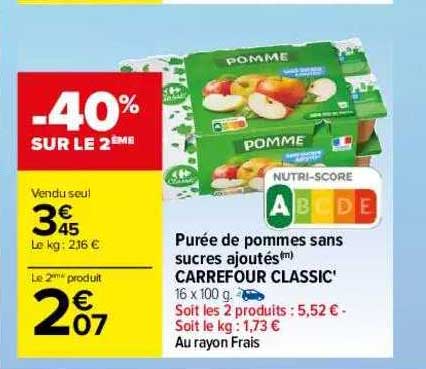 Purée De Pommes Sans Sucres Ajoutés Carrefour Classic'