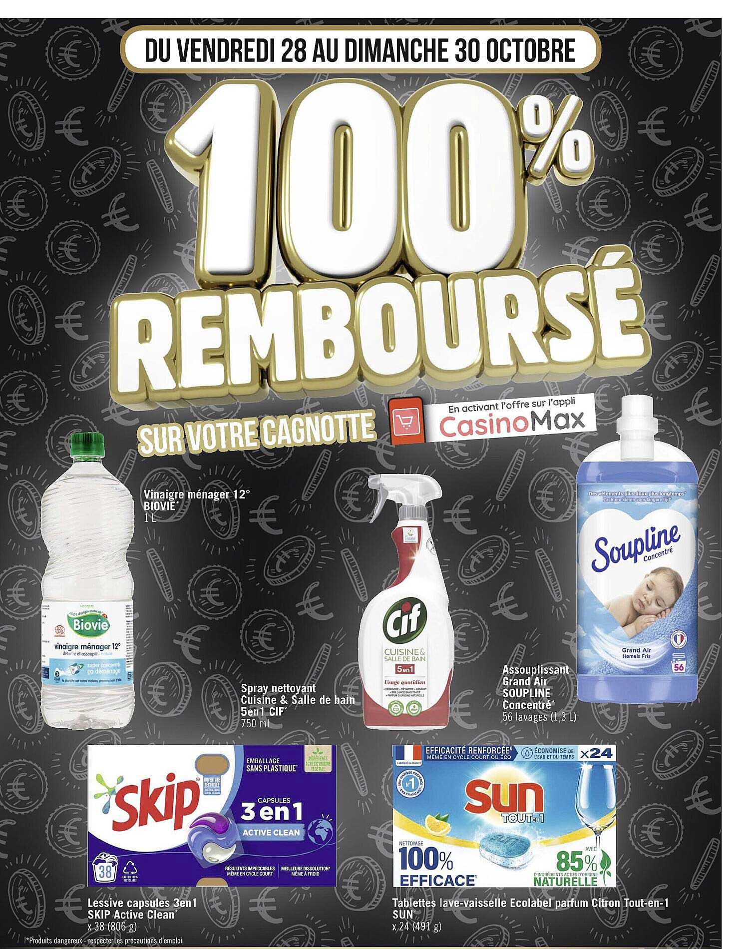 vinaigre ménager 12° biovie, spray nettoyant cuisine & salle de bain 5 en 1 cif, assouplissant grand air soupline concentré, lessive capsules 3 en 1 skip active clean, tablettes lave vaisselle