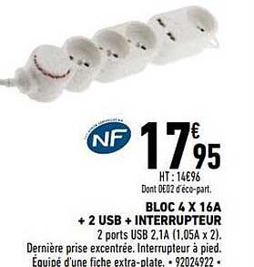 bloc 4 x 16A + 2 usb + interrupteur