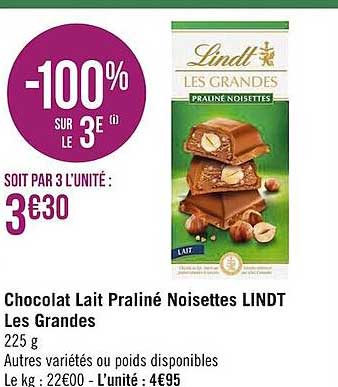 chocolat lait praliné noisettes lindt les grandes