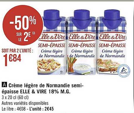 crème légère de normandie semi-épaisse elle & vire 18% m.g.