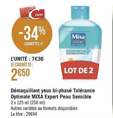 démaquillant yeux bi-phasé tolérance optimale mixa expert peau sensible
