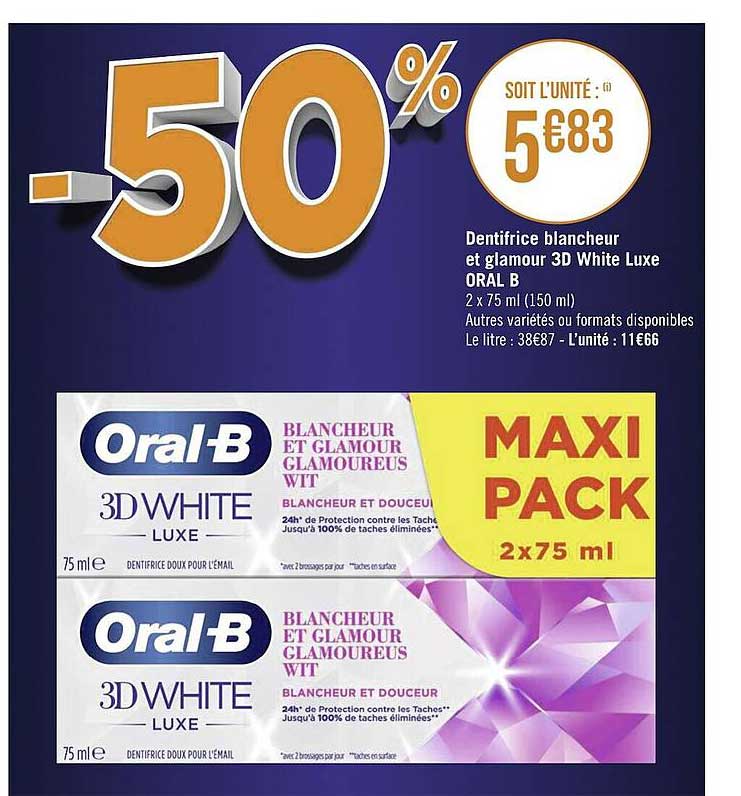 dentifrice blancheur et glamour 3d white luxe oral b
