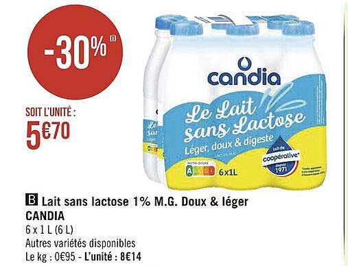 lait sans lactose 1% m.g. doux & léger candia