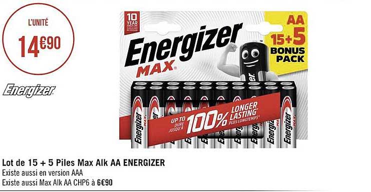 Lot De 15 + 5 Piles Max Alk Aa Energizer