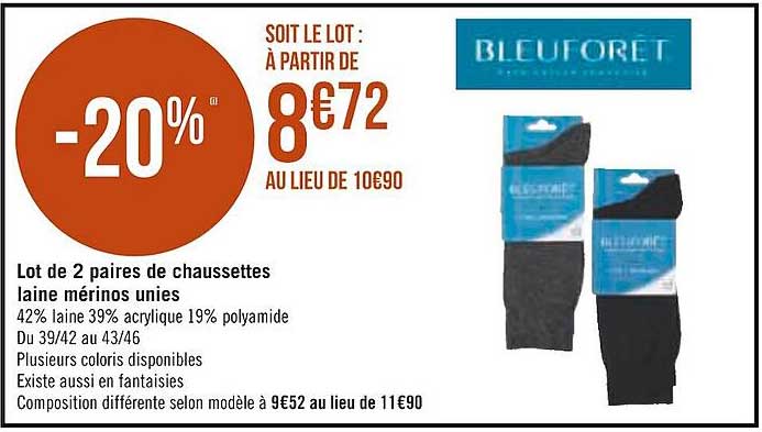 Lot De 2 Paires De Chaussettes Laine Mérinos Unies Bleu Forêt