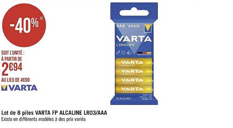 lot de 8 piles varta fp alcaline lr03-aaa