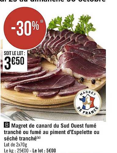 magret de canard du sud ouest fumé tranché ou fumé au piment d'espelette ou séché tranché
