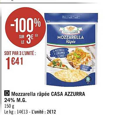 mozzarella râpée casa azzurra 24% m.g.