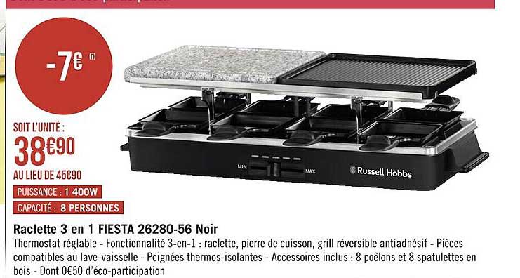 raclette 3 en 1 fiesta 26280-56 noir russell hobbs