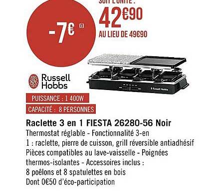raclette 3 en 1 fiesta 26280-56 noir russell hobbs
