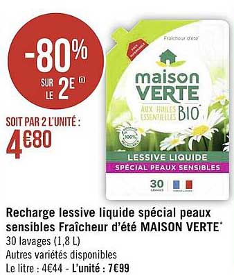 recharge lessive liquide spécial peaux sensibles fraîcheur d'été maison verte