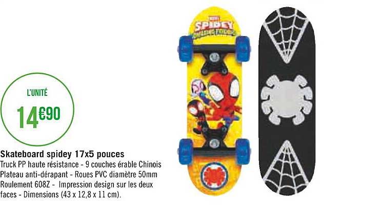 skateboard spidey 17x5 pouces