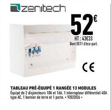 tableau préé-équipé 1 rangée 13 modules zenitech