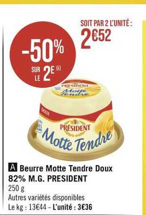 beurre motte tendre doux 82% m.g. président