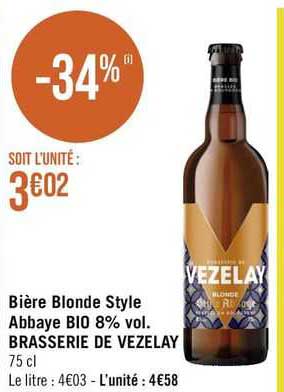 bière blonde style abbaye bio 8% vol. brasserie de vezelay