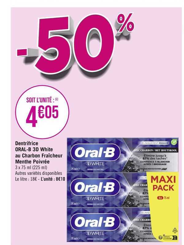dentifrice oral-b 3d white au charbon fraîcheur menthe poivrée