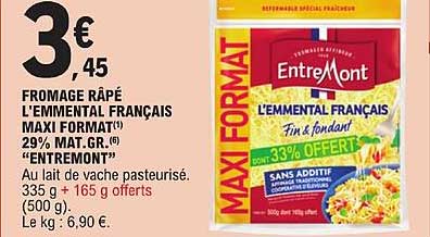 fromage râpé l'emmental français maxi format 29% mat. gr. "entreMont"