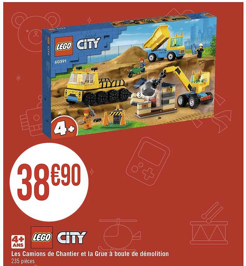 les camions de chantier et la grue à boule de démolition lego city